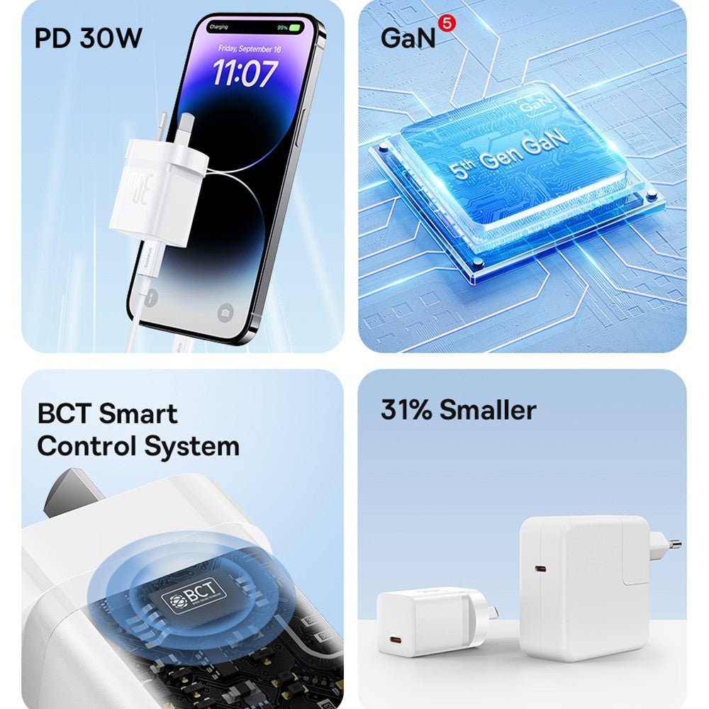 Brand New Baseus GaN5 Mini Fast Charger 1C 30W - Moon White - ReDial Brand New Baseus GaN5 Mini Fast Charger 1C 30W - Moon White - ReDial